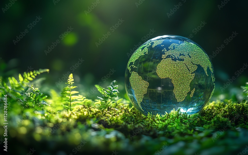 A crystal globe glowing with green technology and sustainability icons, representing safe, environmentally friendly practices for the planet A crystal globe glowing with green technology and sustainability icons, representing safe, environmentally friendly practices for the planet