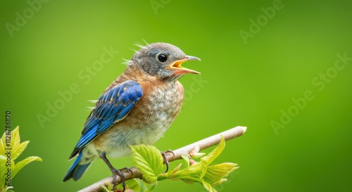 Young bluebird singing on a branch in lush greenery environment