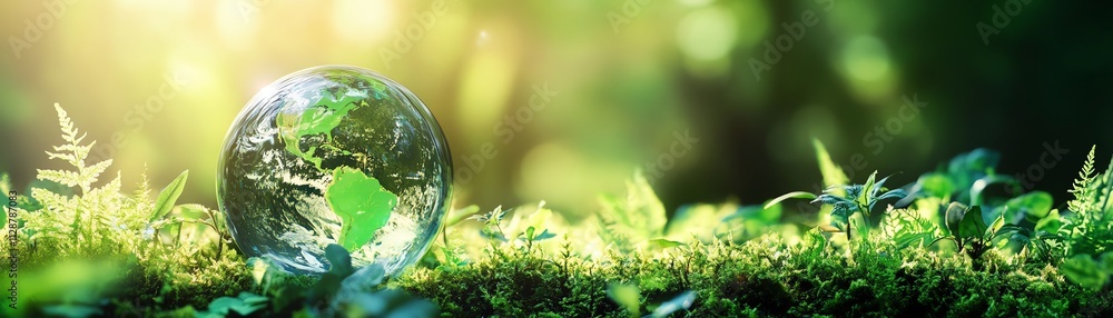 A glowing crystal globe with sustainable development icons, ecofriendly energy solutions, and environmental protection themes for a green future A glowing crystal globe with sustainable development icons, ecofriendly energy solutions, and environmental protection themes for a green future