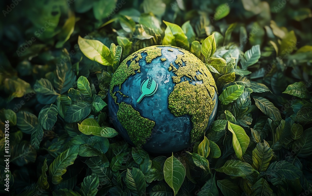 A globe surrounded by lush green nature with ESG, CO2 reduction, and circular economy icons, representing netzero and sustainable business concepts A globe surrounded by lush green nature with ESG, CO2 reduction, and circular economy icons, representing netzero and sustainable business concepts