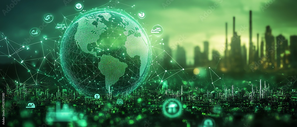 A glowing green globe with energysaving icons, set against a background of sustainable clean industrial factories and green energy sources A glowing green globe with energysaving icons, set against a background of sustainable clean industrial factories and green energy sources