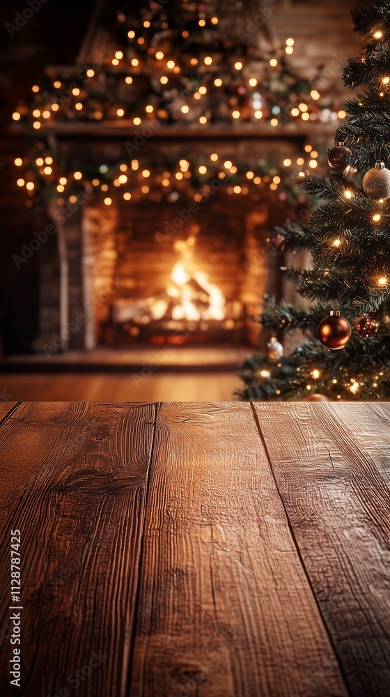 Rustic Christmas scene featuring a glowing fireplace, a decorated tree, and ample copy space on a rustic wooden table in the foreground for product placement. Perfect for festive designs. Rustic Christmas scene featuring a glowing fireplace, a decorated tree, and ample copy space on a rustic wooden table in the foreground for product placement. Perfect for festive designs.