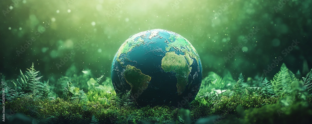 A vibrant globe in green nature with ESG, CO2 reduction, and circular economy icons, emphasizing environmental, social, and governance in business A vibrant globe in green nature with ESG, CO2 reduction, and circular economy icons, emphasizing environmental, social, and governance in business