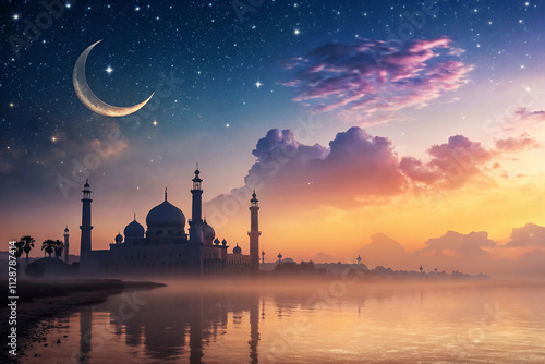 Wallpaper Mural Religious background of Ramadan Kareem with mosque silhouettes reflected Torontodigital.ca