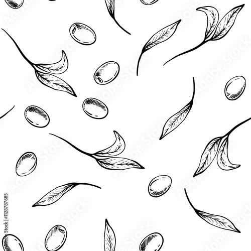 Olive tree branch leaves and berries seamless pattern. Black ink botanical graphic hand drawn vector linear drawing illustration. Floral clipart for fabric, package, wallpaper Isolated from background