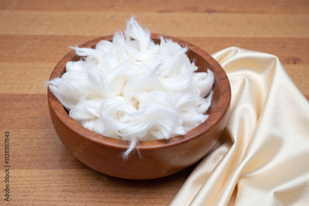 Wooden bowl with fibers and fabric on table Wooden bowl with fibers and fabric on table