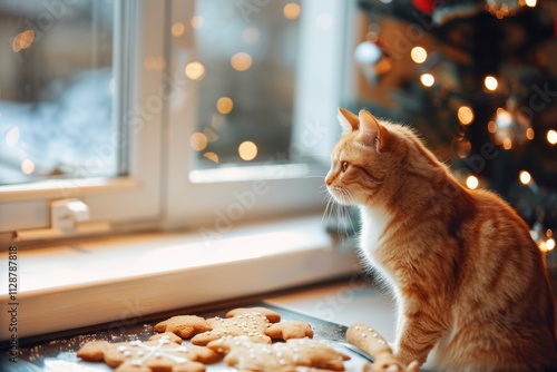 Baking Christmas cookies with a curious cat in a cozy, festive kitchen scene photo