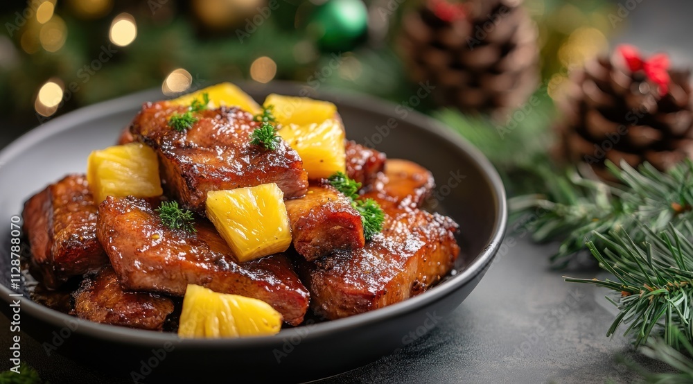 Sweet and savory glazed pork with pineapple chunks, garnished with parsley, served on a black plate. Sweet and savory glazed pork with pineapple chunks, garnished with parsley, served on a black plate.