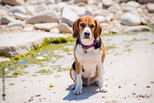 Tricolor beagle sitting rocky beach terrain collar tag