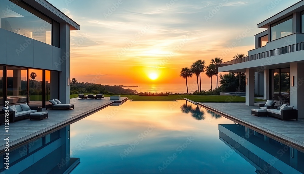 Obraz premium luxurious modern mansion backyard, featuring a large infinity pool, elegant outdoor furniture, and a breathtaking view of the sunset over a lush, manicured lawn