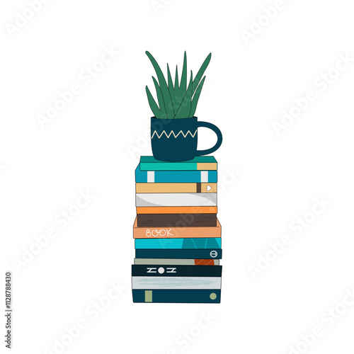 A stack of books and a houseplant. A cozy scene with a potted plant on top of the book pile. Vector illustration.
