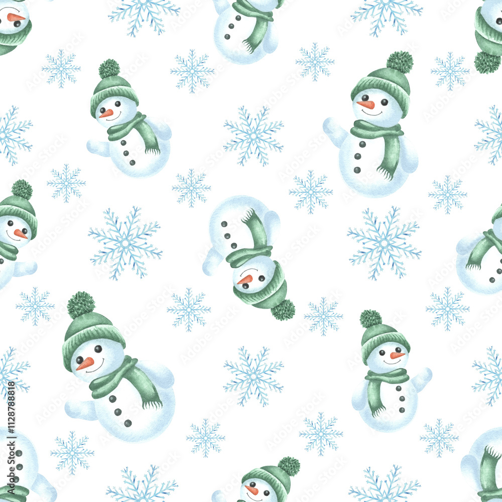Snowman in green hat with scarf and snowflakes. Winter seamless pattern for holiday design. Hand drawn watercolor illustration. Template for Christmas and New Year print, wallpaper, wrapping, fabric. Snowman in green hat with scarf and snowflakes. Winter seamless pattern for holiday design. Hand drawn watercolor illustration. Template for Christmas and New Year print, wallpaper, wrapping, fabric.