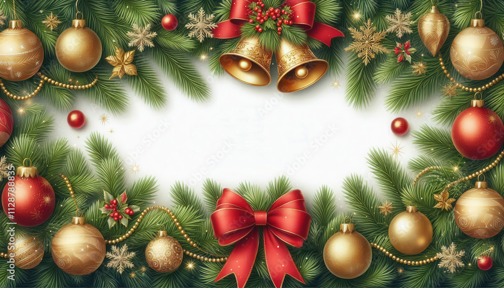 A festive christmas banner surrounded by green pine branches, gold ornaments and bels tied with a red bow A festive christmas banner surrounded by green pine branches, gold ornaments and bels tied with a red bow