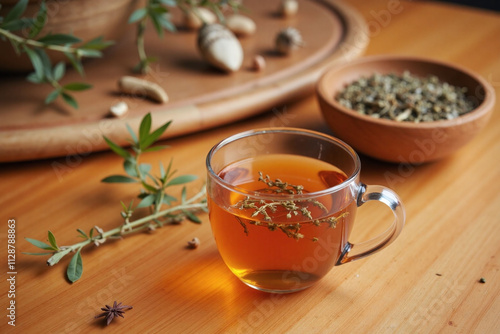 Wooden table glass cup herbal tea dried herbs