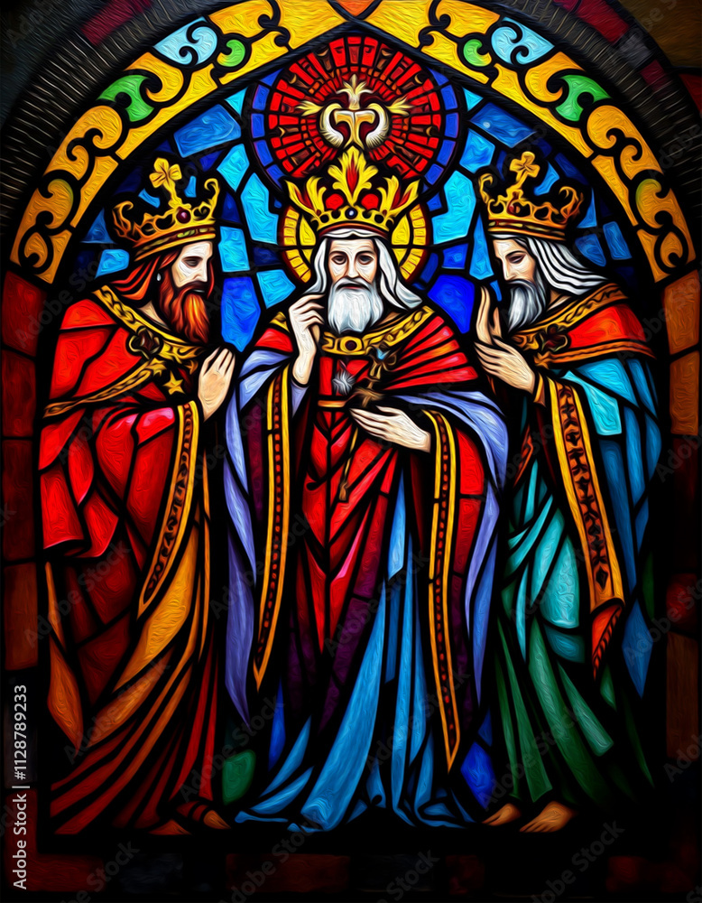Fototapeta premium Three Kings. Artistic illustration painted with oil paint. Colorful stained glass. Christmas card and cover design