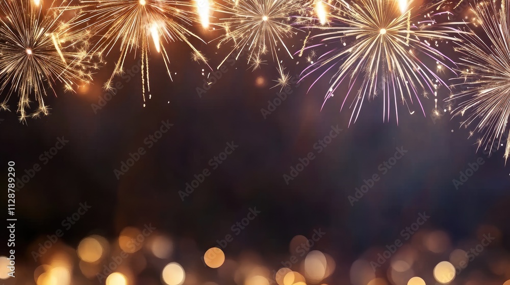 Fototapeta premium Bright fireworks burst into the dark sky, creating a festive atmosphere filled with sparkling colors during New Year festivities