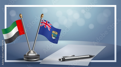 United Arab Emirate and ST. Helena National flags on small table with bokeh background, cooperative relationship