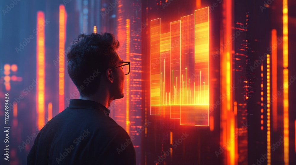 Fototapeta premium A Man Viewing a Digital Data Visualization in a Futuristic Cityscape