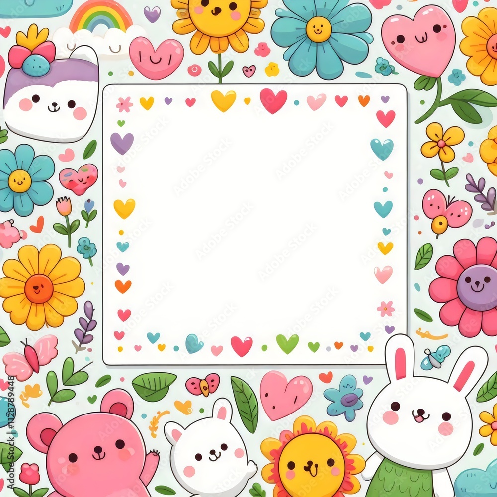 Baby card with space for text with cartoon animals and flowers.
Baby card with space for text with cartoon animals and flowers.