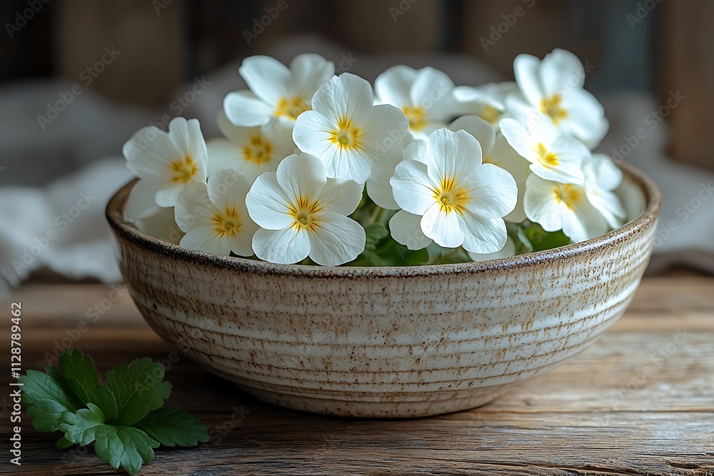 White primrose flowers in a rustic bowl on a wooden table White primrose flowers in a rustic bowl on a wooden table