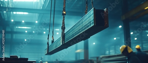 Heavy machinery lifts steel beam inside an industrial facility during daylight hours