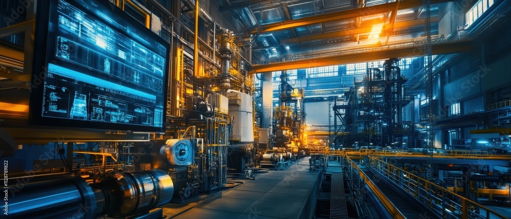 Industrial facility showcasing advanced machinery and illuminated equipment during night operations in a manufacturing plant Industrial facility showcasing advanced machinery and illuminated equipment during night operations in a manufacturing plant