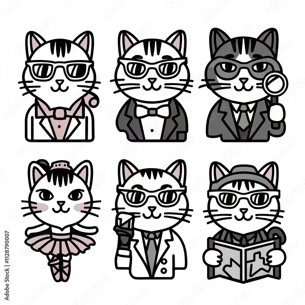 Obraz premium set of six cats dressed ballerina clip art line drawing illustration cartoon isolated on transparent background