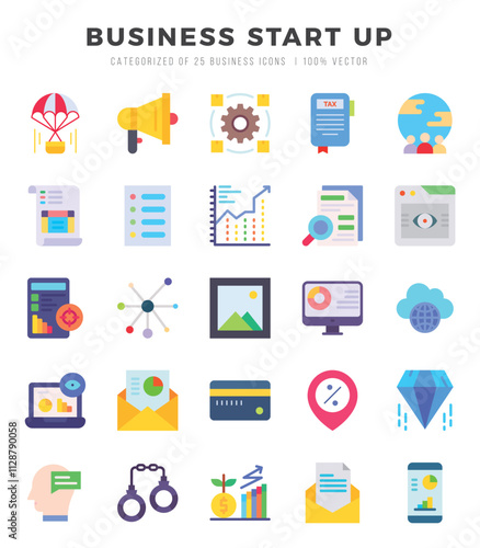 Collection of Business Start Up 25 Flat Icons Pack.