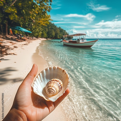 Person holding a seashell on sand photo