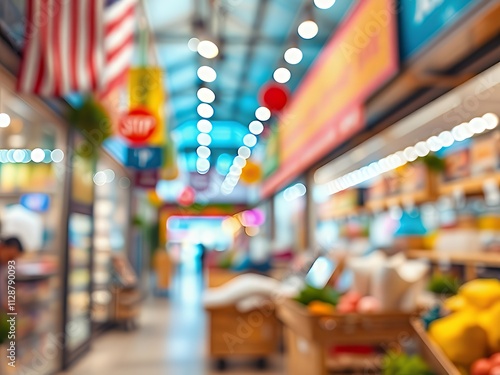 there is a blurry image of a store with fruit and vegetables. photo