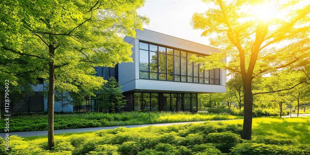 Fototapeta premium Modern educational facility surrounded by greenery, capturing sunlight through glass walls. A symbol of sustainability and innovation in contemporary architecture.