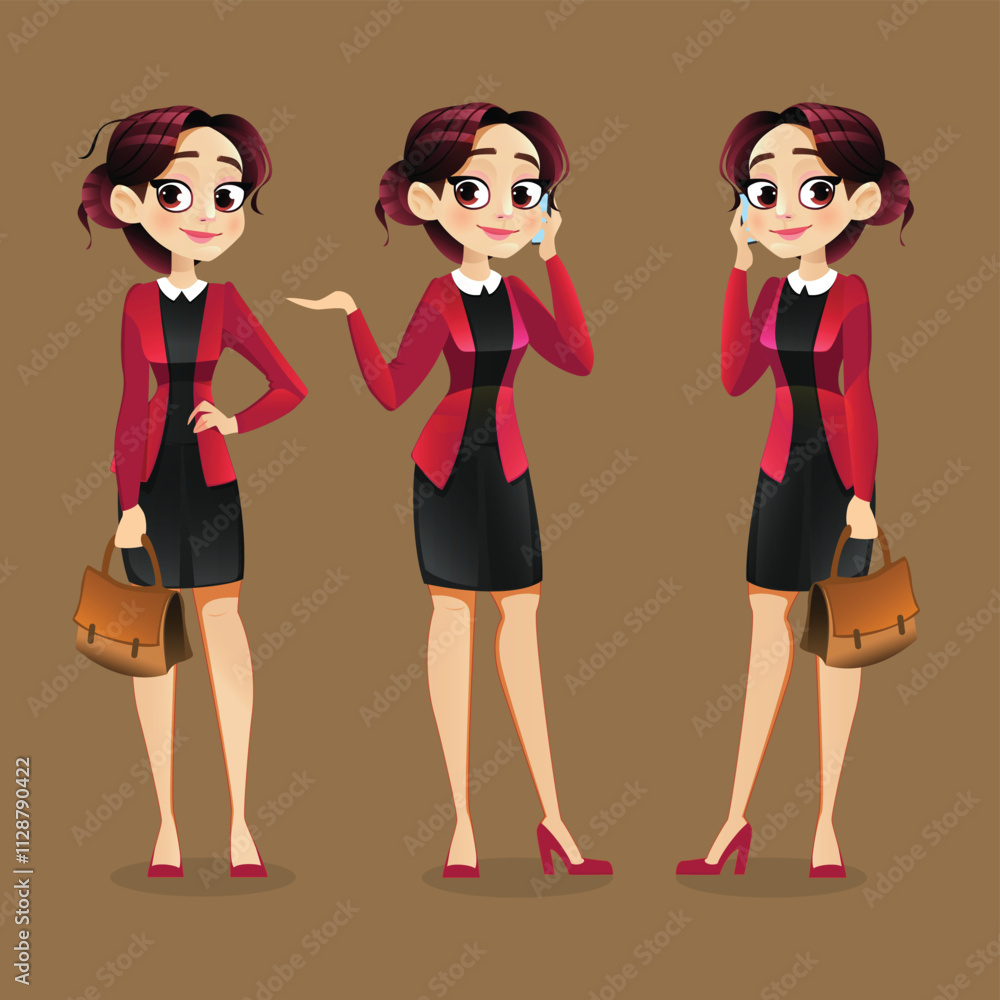 Office Girl standing poses with Brown Bag and calling vector Background Office Girl standing poses with Brown Bag and calling vector Background