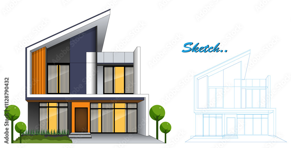 An Illustration of Modern Minimalist Template House Design with Blueprint Sketch, featuring a clean and contemporary two-story structure. An Illustration of Modern Minimalist Template House Design with Blueprint Sketch, featuring a clean and contemporary two-story structure.