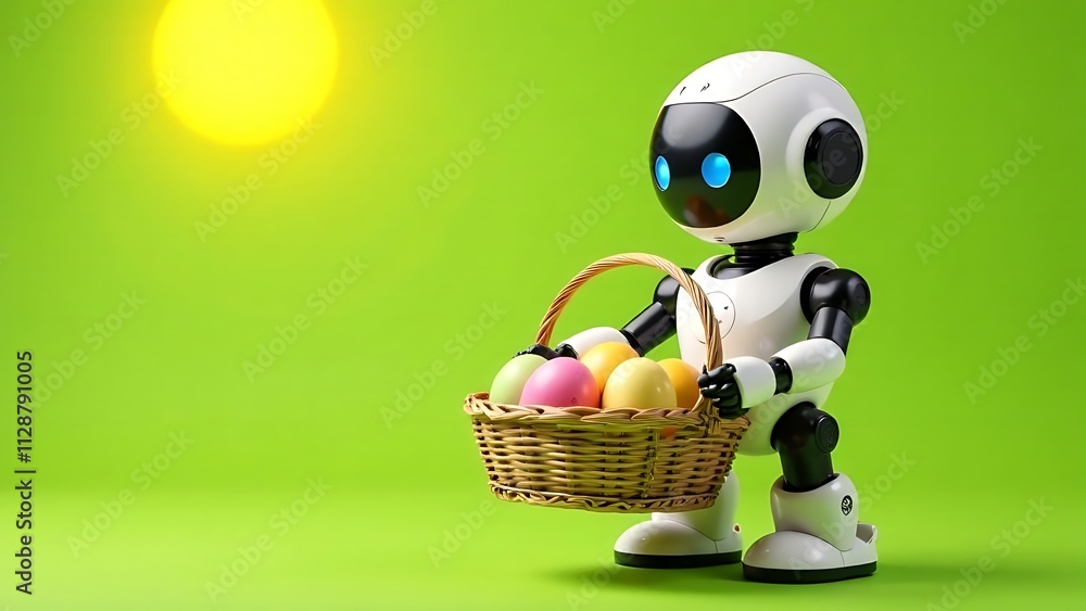Obraz premium Delivery robot delivers a basket with Easter eggs, green background, spring, su