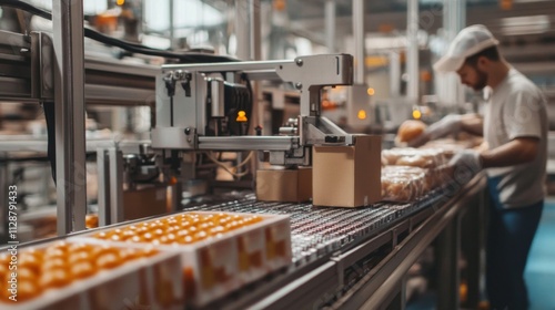 Automated Packaging Line with Worker and Product Boxes