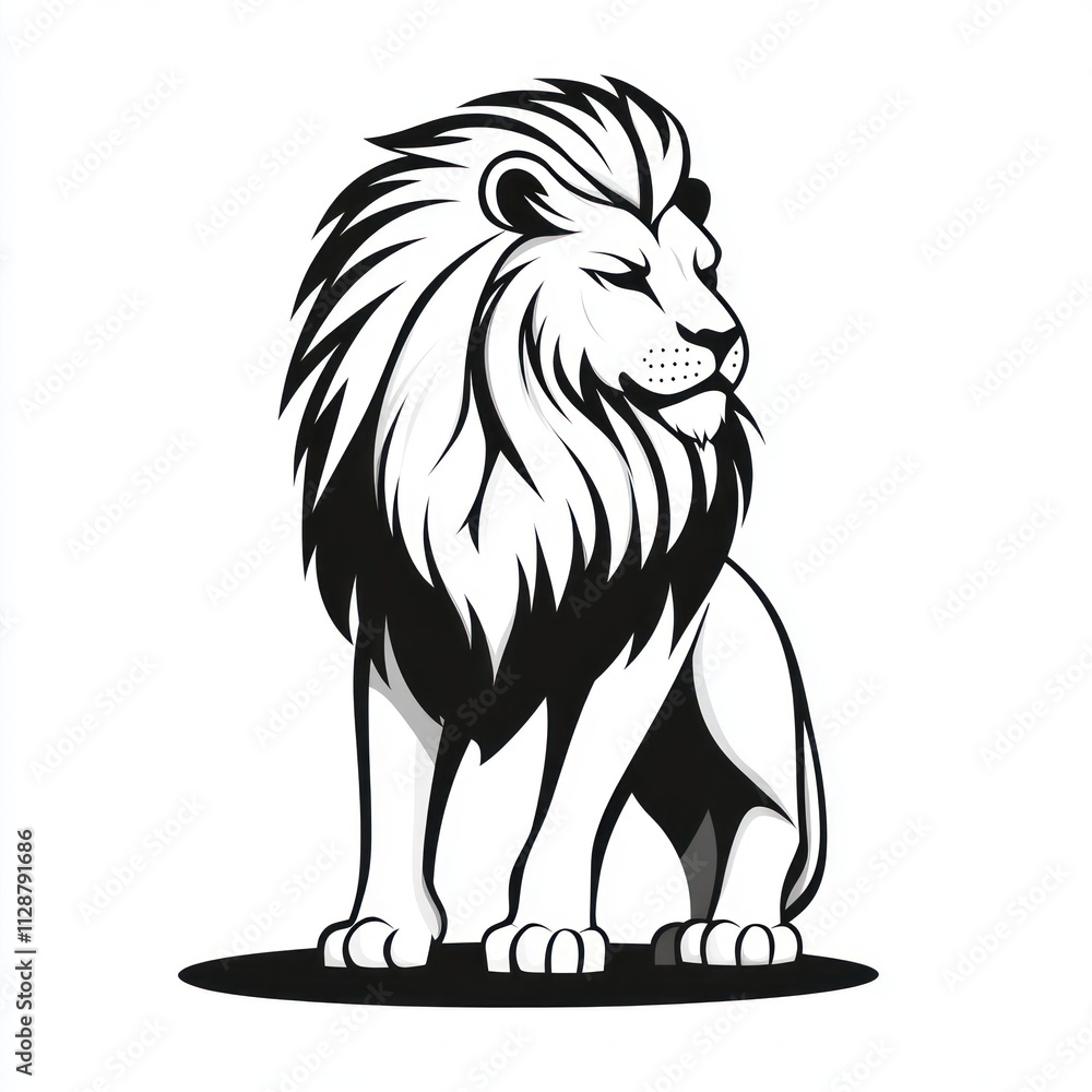 Fototapeta premium Majestic lion sitting, monochrome illustration.