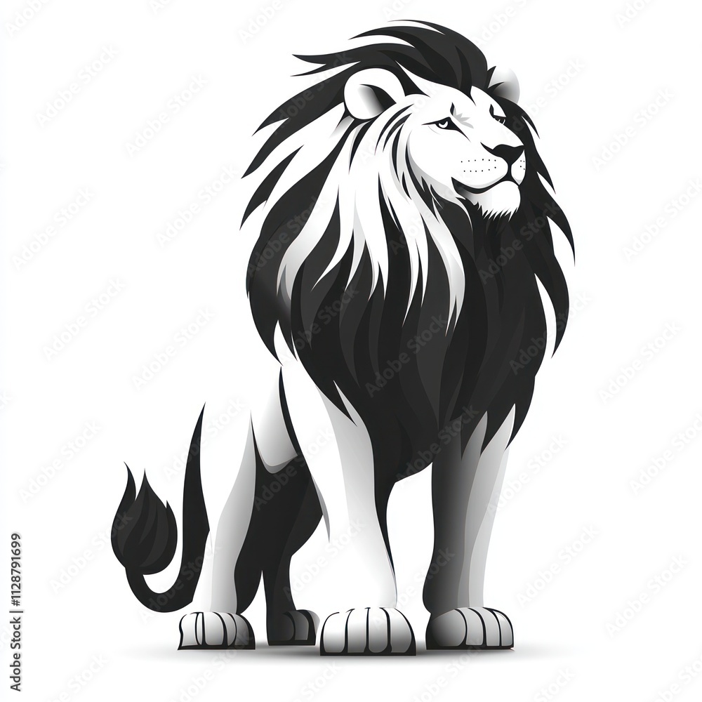 Fototapeta premium Majestic monochrome lion standing, powerful pose, white background.