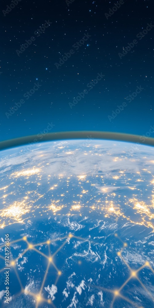 Naklejka premium Satellite Network Scanning for Asteroids Above Illuminated Earth at Night