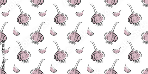Seamless pattern with hand drawn garlic bulb and clove on white background. Vegetable background.