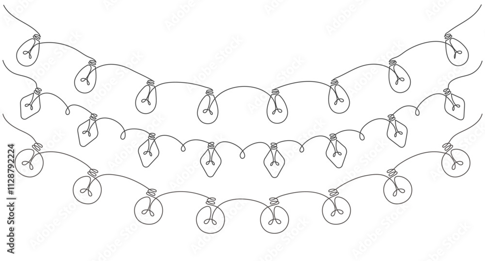 Continuous one line drawing of a set of garlands with light bulbs. Holiday garlands in simple linear style. Continuous one line drawing of a set of garlands with light bulbs. Holiday garlands in simple linear style.
