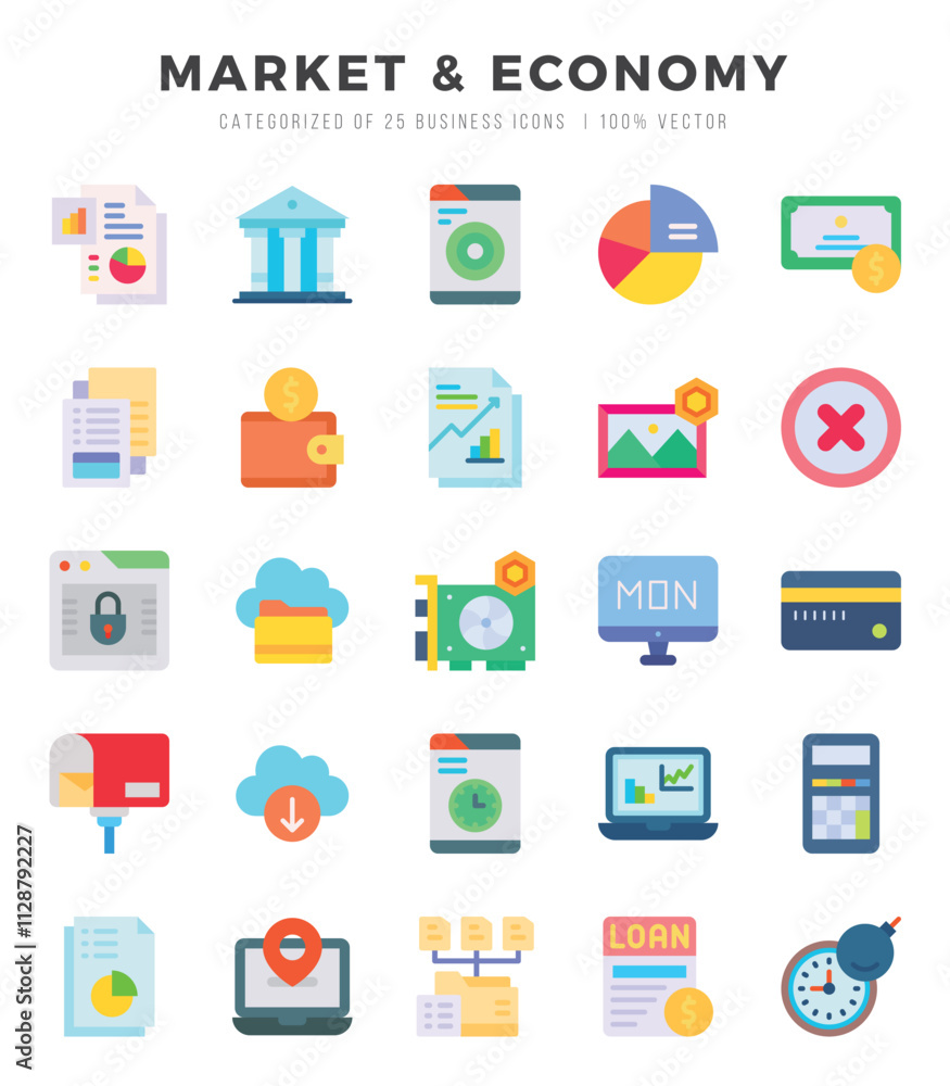 Market & Economy Icons Pack Flat Style. Vector illustration. Market & Economy Icons Pack Flat Style. Vector illustration.