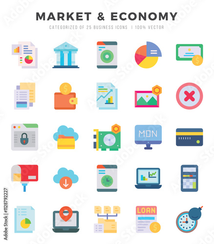 Market & Economy Icons Pack Flat Style. Vector illustration.