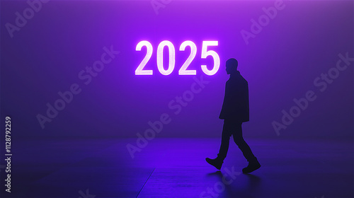 A man walking towards glowing '2025' numbers in a purple-lit space. The minimalist futuristic concept evokes ambition and hope for the new year.