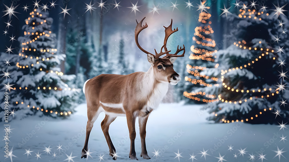 A photo of a Christmas banner with a magical scene of a reindeer in the center. The reindeer is standing in a snowy forest with Christmas trees with lights and stars. A photo of a Christmas banner with a magical scene of a reindeer in the center. The reindeer is standing in a snowy forest with Christmas trees with lights and stars.