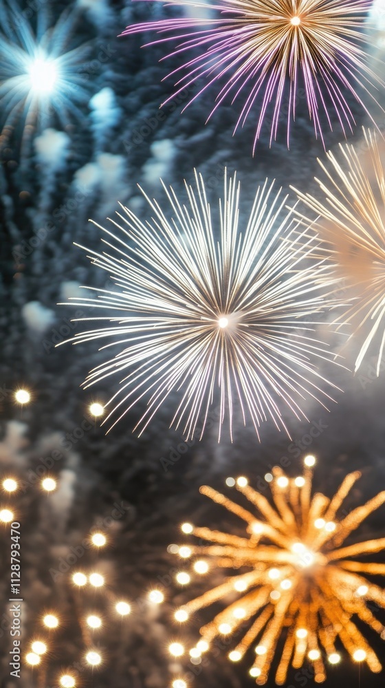 Vibrant fireworks light up the black night sky in red, purple, pink, and yellow, creating a festive atmosphere for a celebration or event Vibrant fireworks light up the black night sky in red, purple, pink, and yellow, creating a festive atmosphere for a celebration or event