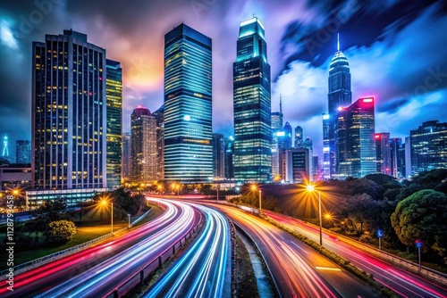 Neon silhouettes paint the urban night, a long exposure city dreamscape.