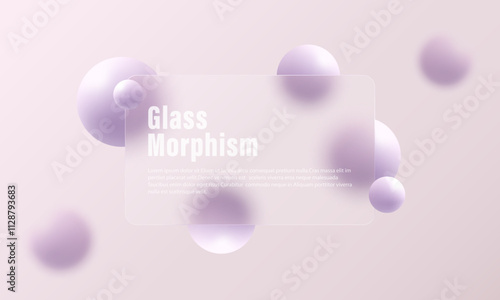 Website landing page in glass morphism style. Partition made of transparent material with floating spheres.