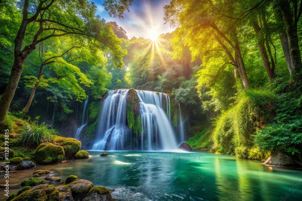 Obraz premium Captivating Waterfall Cascading Through Lush Green Forest Surrounded by Vibrant Flora and Sunlight, Creating a Serene Natural Escape with a Tranquil Atmosphere