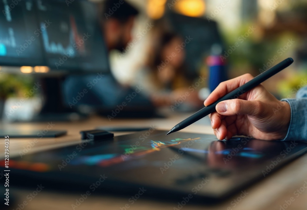 Obraz premium A person is writing on a tablet with a black pen