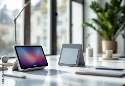 A white tablet sits on a table next to a plant photo